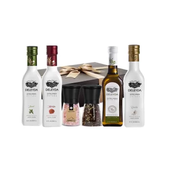 4 aceites de oliva sabores , sal himalaya y pimienta molinillos
